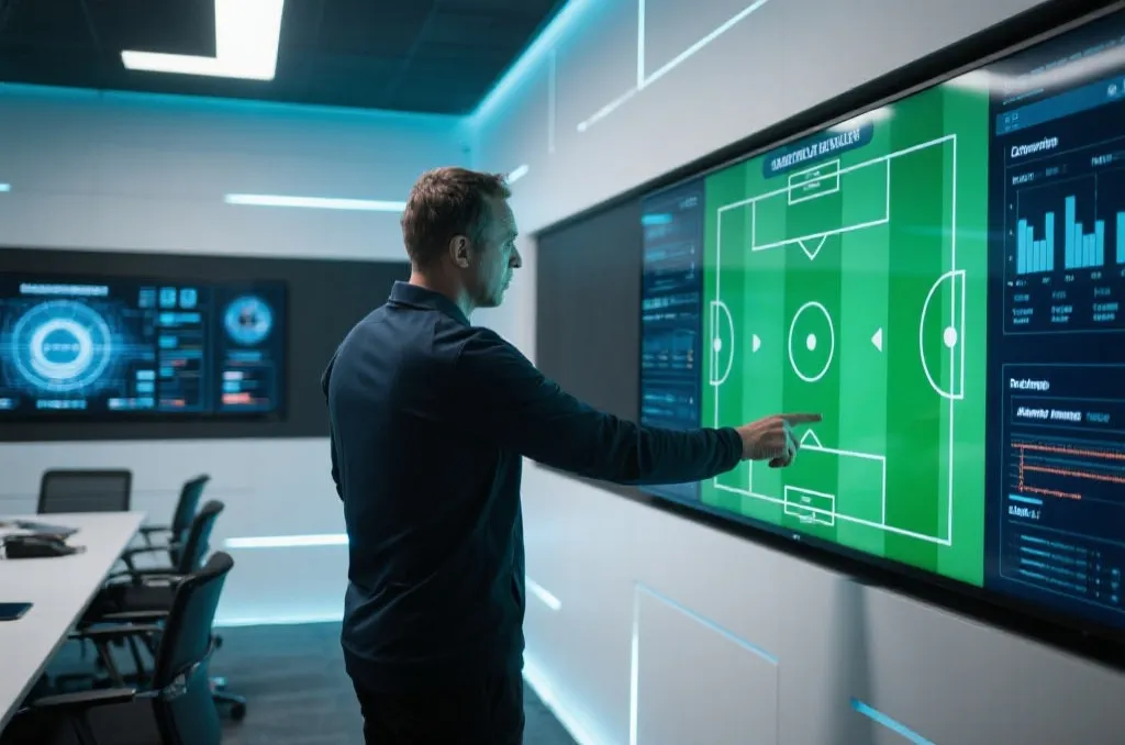 足球教练在战术板前分析比赛数据